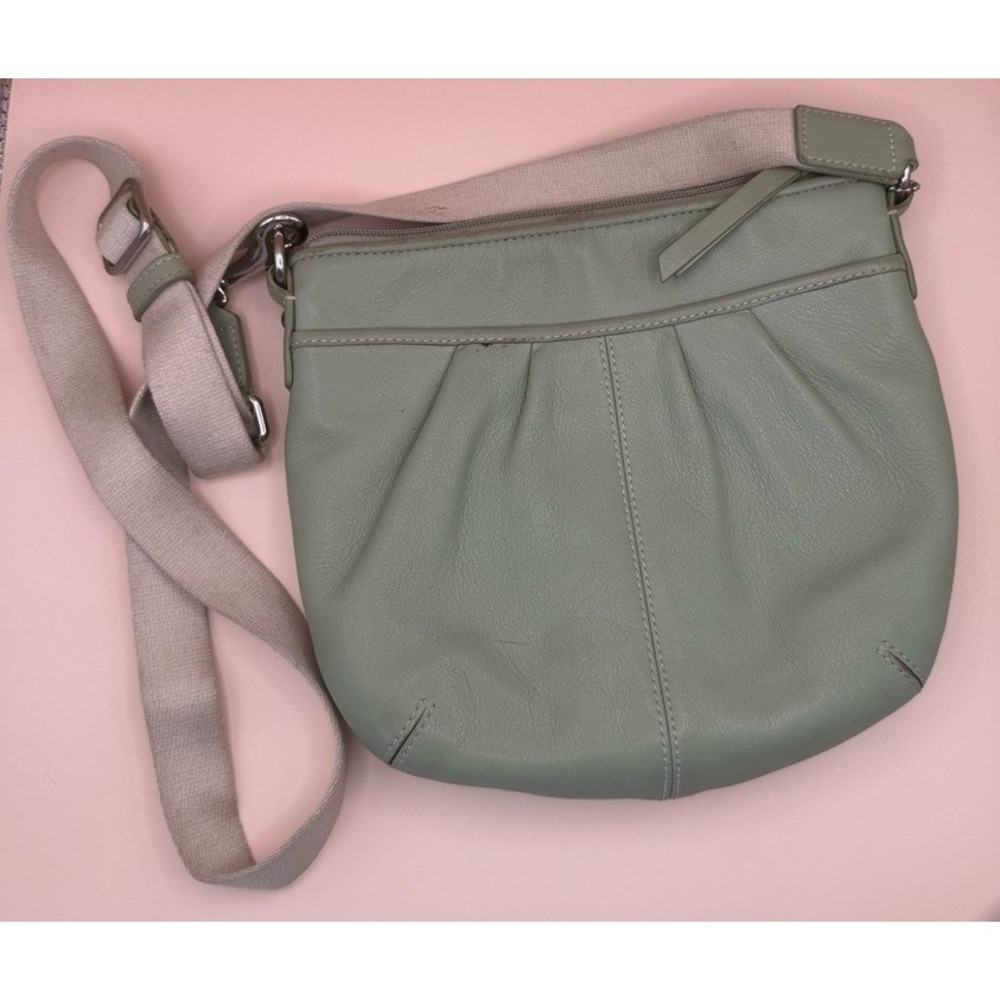 Coach Sage Green‎ Pebbled Leather Pleated Crossbody Bag with Canvas Strap